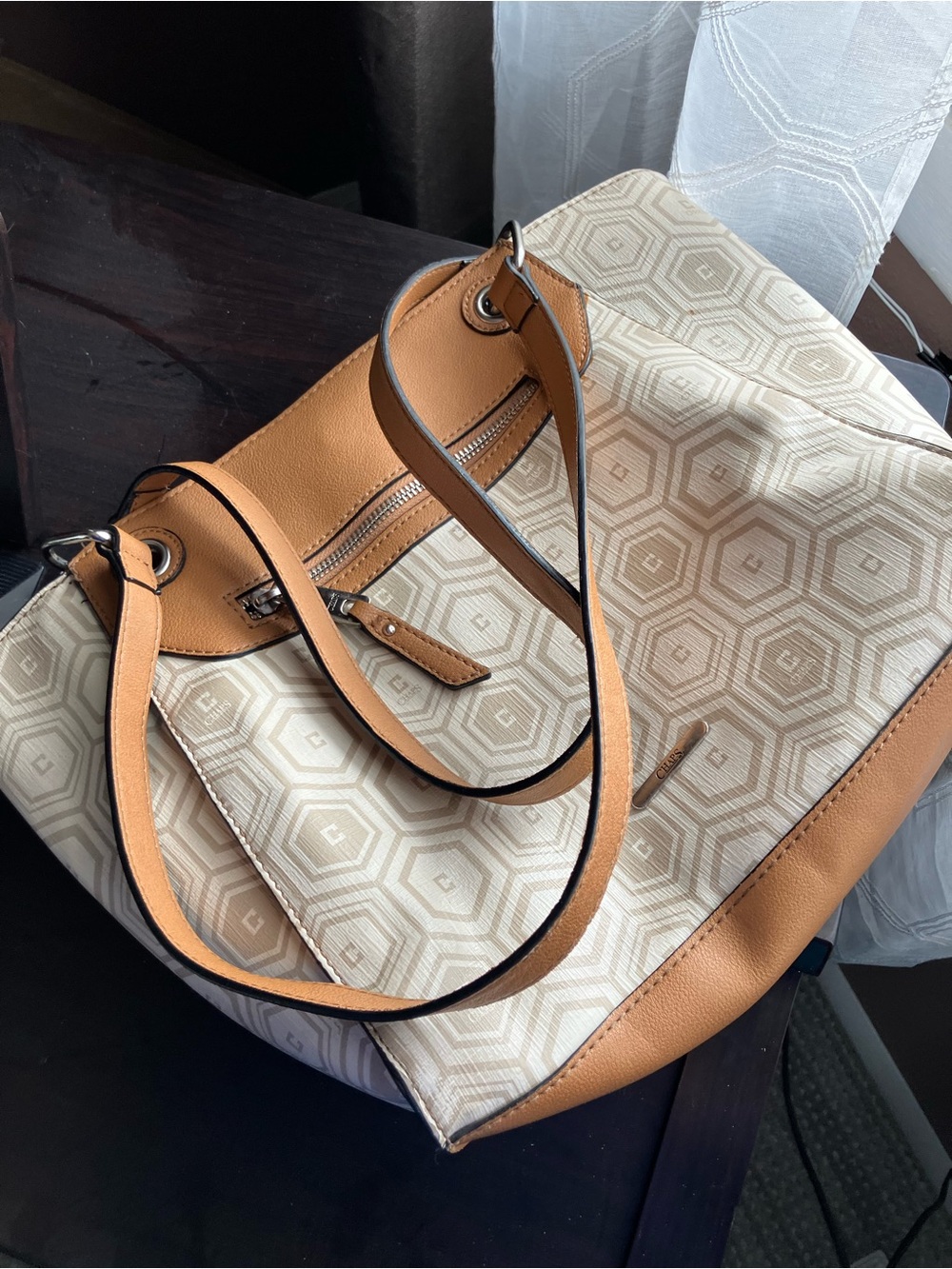 Chaps Tan & Cream Geometric Shoulder Tote